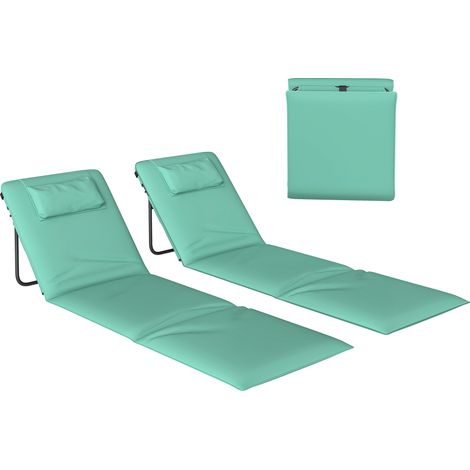 Set mit 2 faltbaren Strandmatten mit verstellbarer Rückenlehne und gepolsterter Kopfstütze, 146 x 50 x 2 cm, Grün