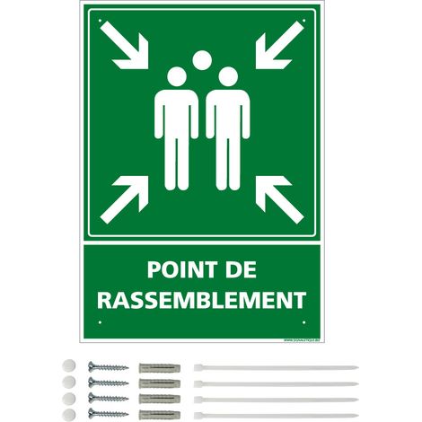 Panneau de signalisation prépercé PVC ou ALU rectangulaire + kit de fixation - Point de rassemblement - ALU 2 mm - 210 x 300 mm