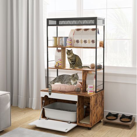 Mueble arenero para gato 2 en 1 con estantería de 3 niveles y rascador, marrón DESVIAE (1/5)