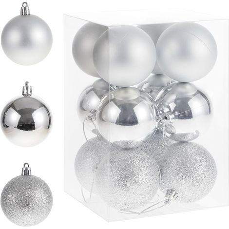 Boules de Noël de 6 cm, argentées, 12 unités, en plastique, sans éclats, en 3 styles et en jolies couleurs (6 cm) (1/5)