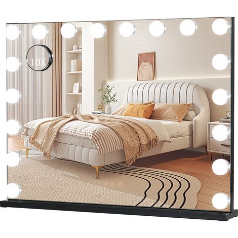 Puluomis – Miroir de maquillage LED 80x60cm – 18 lumières réglables – Écran tactile – Loupe grossissante 10X – Installation murale ou sur table – Noir (1/5)