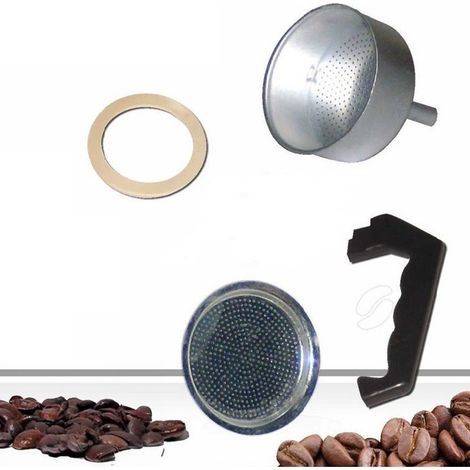 TrAdE Shop Traesio - Kit 4pz Ricambi Filtro Guarnizione Manico Imbuto Caffettiera Moka Misura 2 Tazze - (1/3)