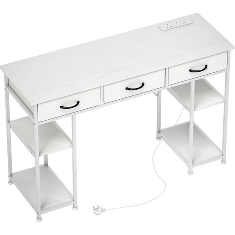 120cm Computer Desk with Power Outlets,Office Study Table Featuring 3 Fabric Drawers and 4 Storage Shelves in White