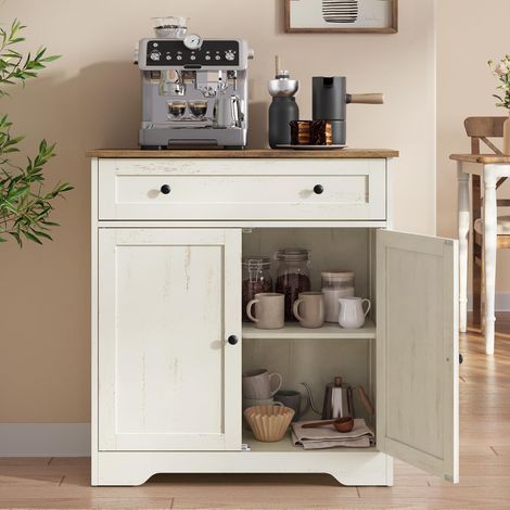 Meuble de Rangement, Buffet de Cuisine, Style Maison de Campagne, avec Tiroir, Étagère Réglable, 2 Portes, Bar à Café, 40 x 72 x 80 cm, Blanc Rustique (1/5)
