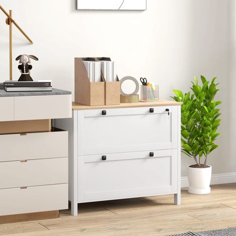 Mobile archivio con 2 cassetti, 2 barre appendiabiti, serratura e 2 chiavi per formato A4, 79x40x72 cm, bianco e rovere.