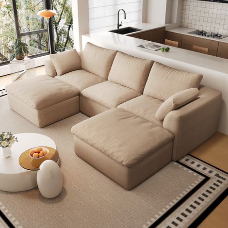 MEUBLIV U-Sofa, 5-Sitzer, 245 x 155 x 83 cm, Leinenstoff Khaki, Komfortschaum (1/5)