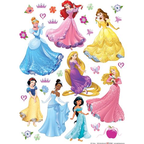 sticker mural Princesses bleu, jaune, violet et rose  - Disney
