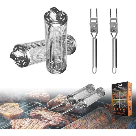 2 Pièces Panier à Griller Roulant, Accessoires De Barbecue, Amovible Paniers à Griller Cylindriques Avec Poignée Amovible Pour Griller En Plein Air, Griller Des Légumes (1/5)