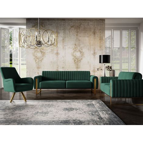 Sofaset Designersofas VALERIE 3-2-1 in Stoff Stoff Elisa Velvet Flaschengrün (1/5)