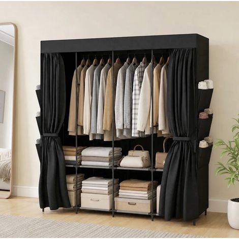 Armoire en tissu 170 x 45 x 167 cm noire, 5 barres, 4 étagères, fermeture à rideau, montage sans outil (1/5)