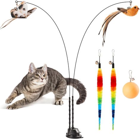 Baguette à ventouse pour chat, double baguette interactive, jouet pour chat d'intérieur avec 5 boules de plumes, base charbon (1/5)