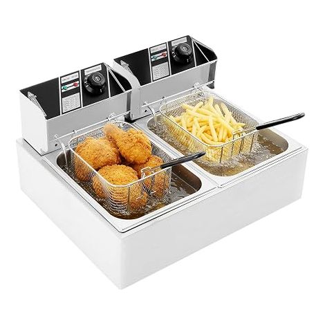 Friteuse Acier Inoxydable Double Bac, 2 Thermostats Indépendants 6L Chaque, Paniers Amovibles Compatibles Lave Vaisselle, Filtre Anti-Odeur, Protection Contre Surchauffe, 55 44 15cm (1/5)