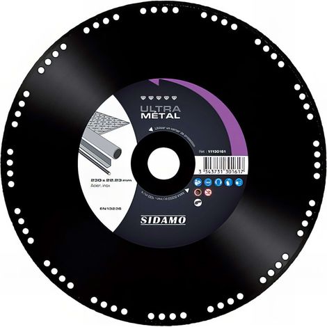 Sidamo – Disque diamant pour meuleuse 230mm – Tronçonnage acier et inox – Jante continue – Épaisseur segment 1,6mm – Vitesse max 8350 tr/min - HT 3 X AL