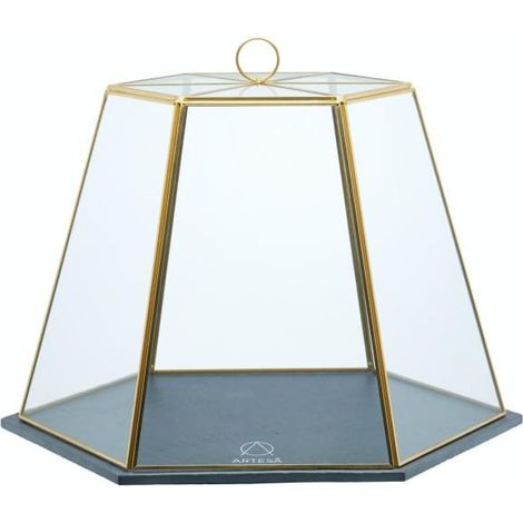 Dôme à Fromage/Gâteau en Verre Géométrique avec Plateau de Service en Ardoise, 31 X 27,5 X 25 cm (12" X 11" X 10") - Effet Laiton, Brass-Effect (1/5)