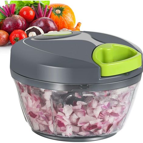 Tritatutto manuale per robot da cucina, tagliacipolle portatile con cordino per verdure, zenzero, frutta, noci, erbe aromatiche, ecc., 2 tazze, grigio (1/5)