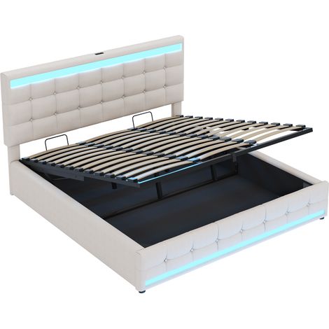 Cama tapizada 180x200 cm con canapé hidráulico, LED RGB y 2 puertos USB, beige, HOMVRA (1/5)