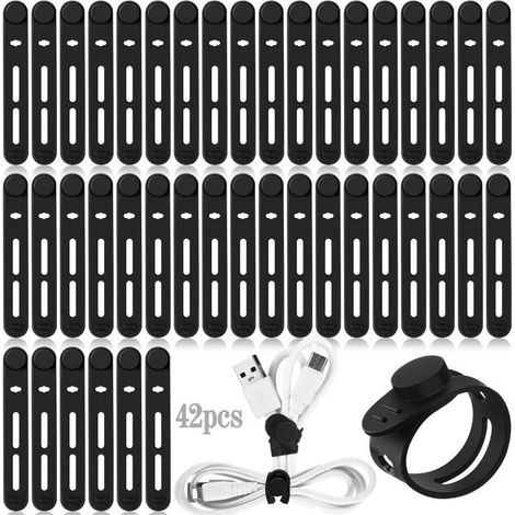 Lot de 42 attaches-câbles en silicone – Attaches de gestion des câbles réutilisables et réglables (noir) (1/5)