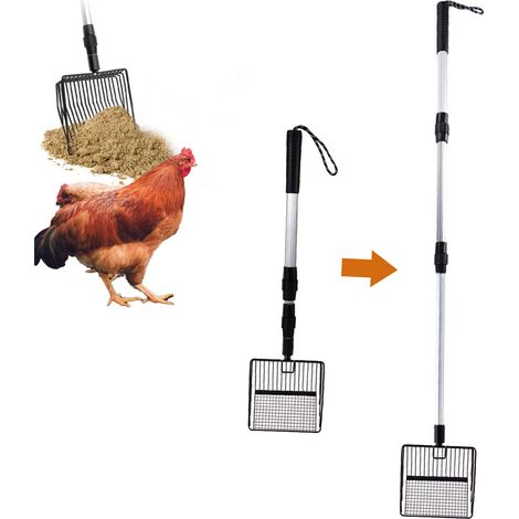 Pala para estiércol y bandeja de arena para gatos 3 en 1 para gallinero y arenero – Negra, mango telescópico de 3 piezas (1/2)