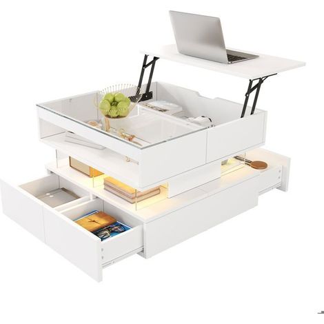 Table basse salon, plateau verre trempé table basse, plateau relevable, rangement intégré, LED intégrées (1/5)