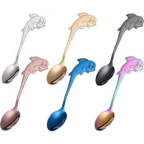 Ensemble de 6 cuillères en acier inoxydable en forme de dauphin, cuillères à thé multi-usages pour café, crème glacée, dessert, ustensiles de cuisine (1/4)