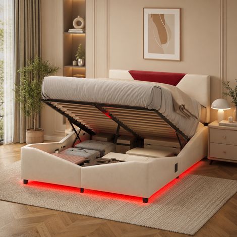 Lit coffre 160×200 cm avec lumière LED,lit double,rangement hydraulique,lit capitonné,style moderne,cadre de lit 160×200,design triangulaire,sommier à lattes,lit adulte,Velours,Beige (1/5)