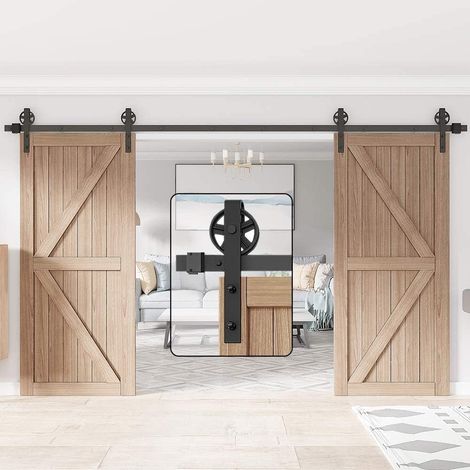 396cm Double porte quincaillerie pour les double portes coulissante de grange en bois antique roue de base à gros rayons noire Roller Kit Système de rail de support d'armoire de garage (1/5)