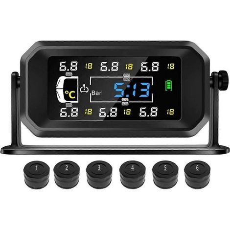 Système de surveillance de la pression des pneus (TPMS) solaire pour voitures, camping-cars et camions (6 capteurs de roue), horloge avec affichage de la température et de la pression des pneus, alarm (1/5)