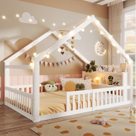 MODFU – Lit cabane enfant 140x190 cm – Barrières – Rangement LED – Pin/MDF – 120 kg – Blanc (1/5)