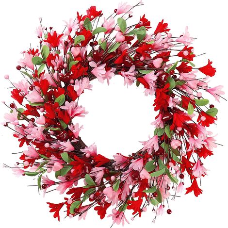 Une couronne de Saint Valentin artificielle de 50 cm avec des forsythias roses et rouges, style printemps/été, décorée de baies en forme de cœur et de feuilles vertes. Parfait comme cadeau, décoration (1/5)
