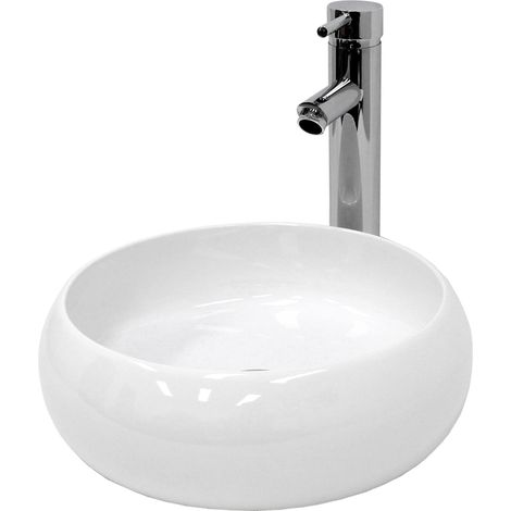 ECD Germany Waschbecken Waschtisch Ø 350 x 120 mm Keramik Weiß inkl. Ablaufgarnitur für Waschbecken ohne Überlauf Aufsatzbecken Aufsatzwaschbecken Aufsatzwaschtisch Waschschale Spülbecken Becken