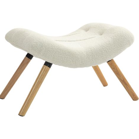 Tabouret rembourré crème avec dessus en polaire et pieds en bois de hêtre, 67x45x38 cm (1/5)