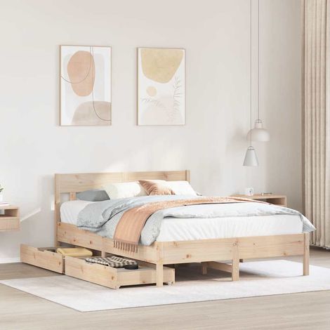 Cadre de lit pin massif 120x200 avec tête et tiroirs, bois naturel, dimensions 205,5x125,5x81 cm (1/4)