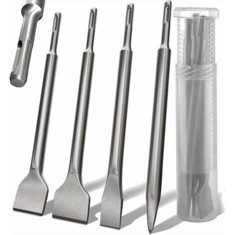 4 burins SDS-Plus, burin rond, burin à quatre pans, burin courbe 142 x 250 mm, burin plat extra-large, pour marteau perforateur (1/5)