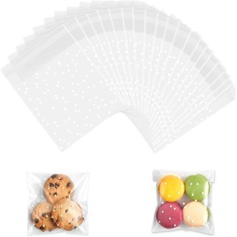 Lot de 100 petits sacs en cellophane tanspaent autocollants pou bonbons, bijoux, chocolat, biscuits, fête, maiage (pois blancs, 10 x 10 cm) (1/5)
