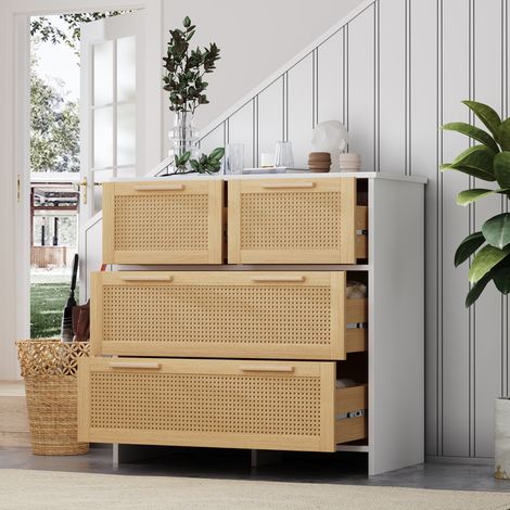 Modernluxe – Buffet en rotin 4 tiroirs – MDF et bois massif – Dimensions 80x38x80 cm – Tiroirs avec glissières lisses – Design naturel et blanc (1/4)