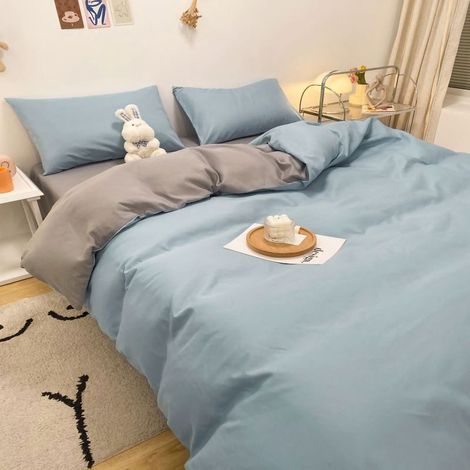 Housse de couette uni lavée en coton respirant, 3 pièces bleu gris argenté 1,2m, pour lit chaud et confortable (1/5)