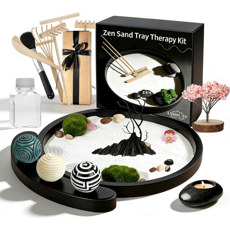 Kit de jardin zen pour bureau, décoration japonaise avec boules de timbre en forme de roche, plateaux décoratifs ronds, plateau de sable de relaxation sensorielle, outil thérapeutique, bac à sable de (1/5)