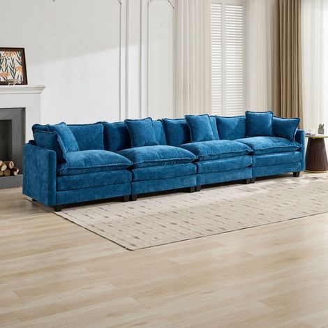 Canapé Cloud 4 places (pouf non inclus), canapé d'angle moderne, idéal pour le salon, la chambre et l'appartement, coussins d'assise confortables à double couche, tissu chenille respirant, bleu (1/5)