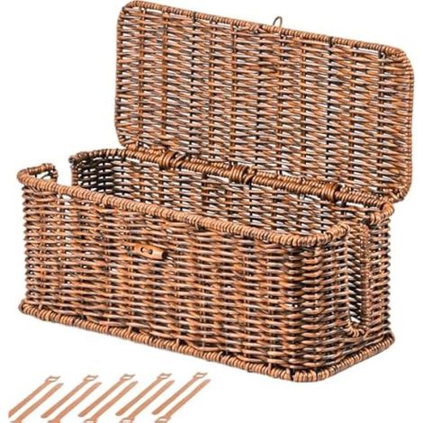 Organisateur de câbles décoratif, support de multiprise avec dispositifs de sécurité pour enfants et animaux domestiques, boîte de rangement de câbles avec finition en rotin tressé à la main pour TV (1/5)