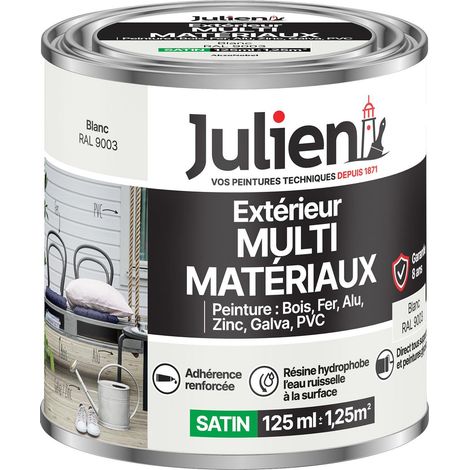Julien Peinture Multi-Matériaux Satin en phase Aqueuse - Bois, Fer, Alu, PVC, Zinc, Acier galvanisé, brut ou peint - Blanc 0,125 L
