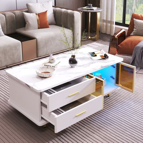 Mesas bajas fijas 100x50x40cm mesa de centro rectangular, mesa de salón, 2 cajones 2 puertas, tiradores y patas de metal, LED, aglomerado y cristal, blanco (1/5)