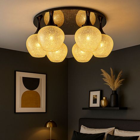 Lampada da soffitto Lampada da soffitto Lampada da soggiorno Globo di vetro 6 fiamme Cristalli cromati, metallo nero, 6x prese E27, DxH 65x26,5 cm