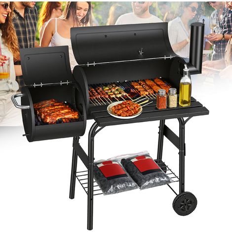 Wolketon Barbacoa de carbón negra, estación de parrilla con ruedas y 2 cámaras, carro BBQ exterior con 2 ruedas e indicador de temperatura