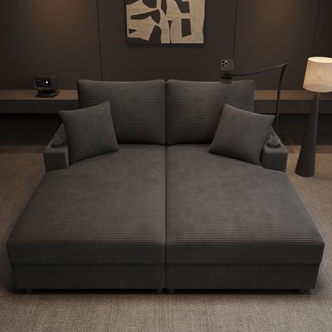 Canapé-lit 2 places en velours côtelé gris, convertible, avec USB-C, porte-gobelets et support téléphone orientable, pour salon et chambre au quotidien  CHICFURN (1/5)