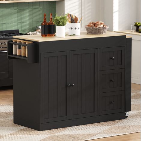 Îlot de cuisine 112-186.8x45x93 cm noir en MDF avec plan de travail extensible et rangements (1/5)