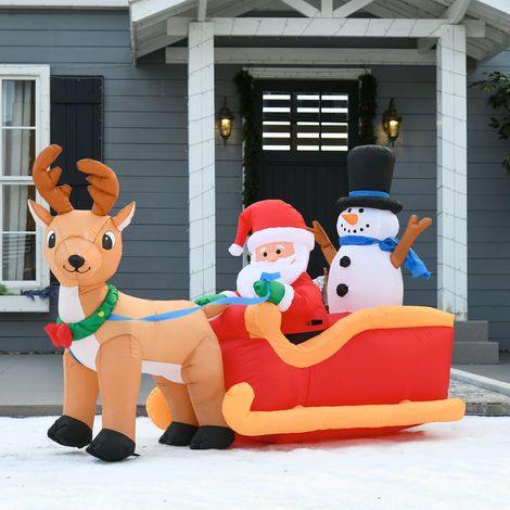 Décor de Noël Extérieur Gonflable Père Noël avec Traîneau, Rennes, Bonhomme de Neige et Guirlande Lumineuse LED, Taille 200x80x128cm, Ornement Jardin. (1/5)