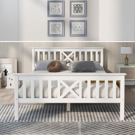 Wishdor – Lit double en bois 140x200 cm – Tête de lit en forme de X – Sommier à lattes – Cadre en pin massif blanc - BOIS 140 X (1/5)