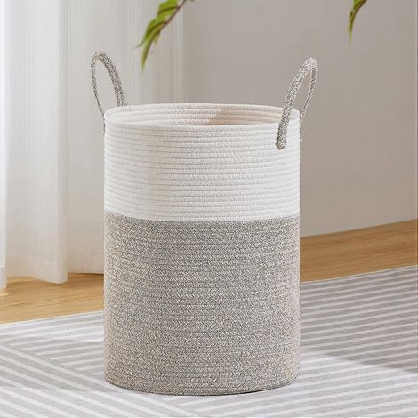 Grand panier à linge en corde tressée, idéal pour ranger couvertures, jouets et vêtements sales dans le salon, la salle de bain ou la chambre - 58 L, blanc et marron (1/5)