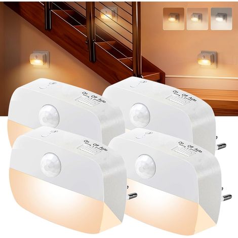 Lot de 4 Lampes Nuit avec Détecteur de Mouvement, Veilleuse Prise LED 3 Couleurs, Éclairage Automatique pour Chambre Enfant Couloir Escalier Cave (1/4)