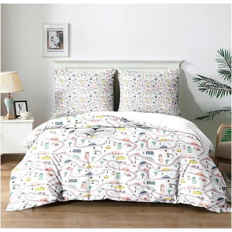 Housse de Couette Circuit de voiture de dessin animé Microfibre Douce Set Lit 3 Pcs 1 Housse Couette Thème Festif 220x240 - P7V (1/4)